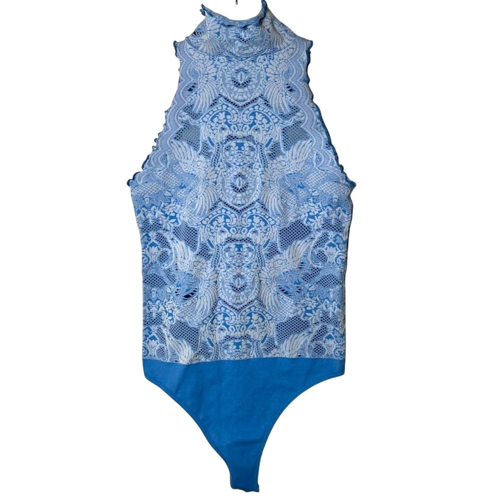 Free People Light Blue Motif Mock‎ Neck Bodysuit XS/S NWT active lace NEW